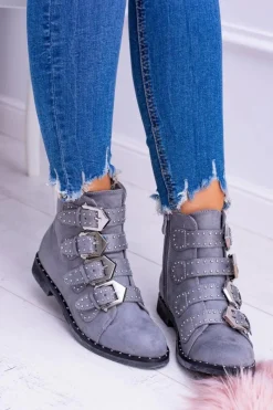 Lu Boo Ciemnoszare Botki Virginia Rock Star Nity Klamry Zamsz Damskie Botki Płaskie|Botki Zamszowe