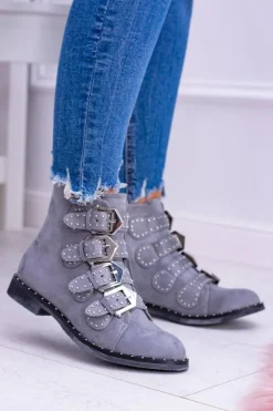 Lu Boo Ciemnoszare Botki Virginia Rock Star Nity Klamry Zamsz Damskie Botki Płaskie|Botki Zamszowe