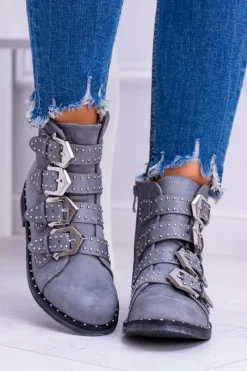 Lu Boo Ciemnoszare Botki Virginia Rock Star Nity Klamry Zamsz Damskie Botki Płaskie|Botki Zamszowe