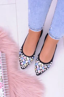 New Lu Boo Czarne Balerinki na Gumce Kamienie Even Damskie Baleriny Klasyczne