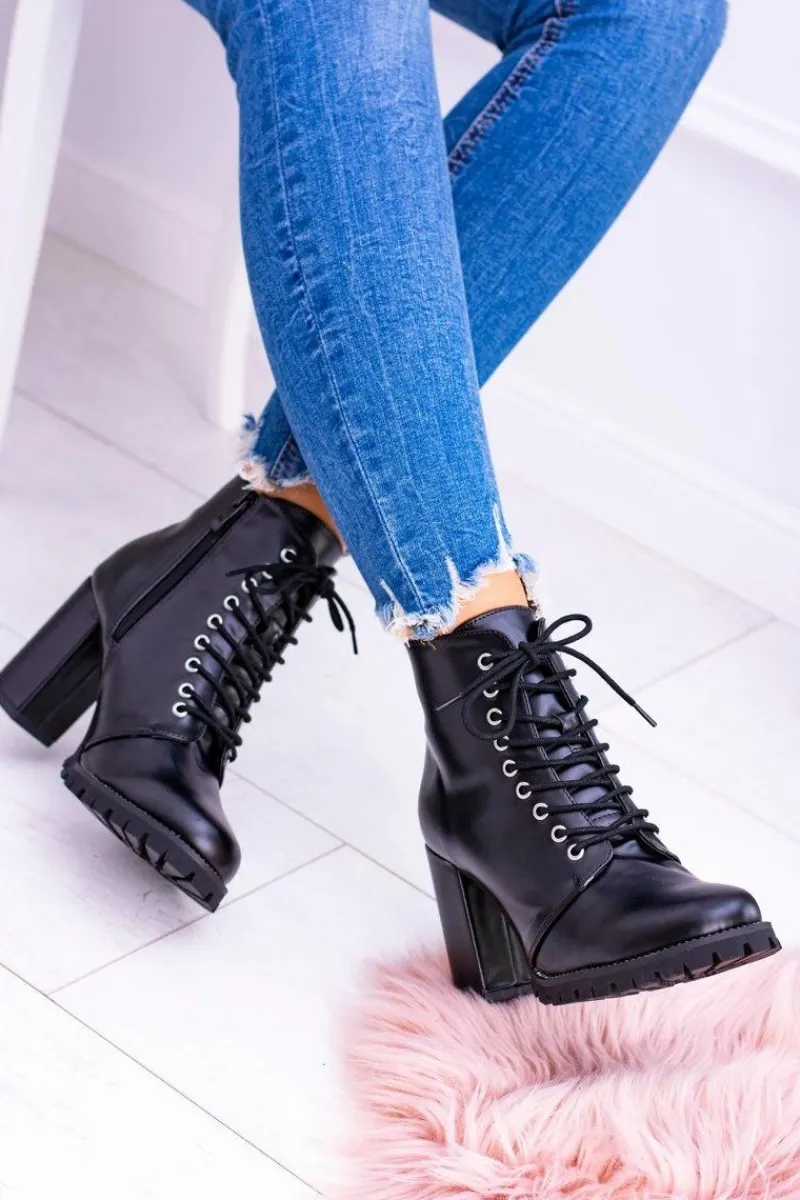 Outlet Lu Boo Czarne Botki na Słupku Cyrkonie Halsey Damskie Botki Sznurowane|Botki Na Słupku