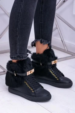 Boto Lu Boo Czarne Botki z Naturalnym Futrem Gisele