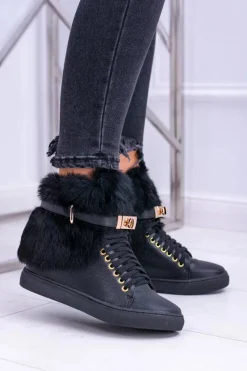 Boto Lu Boo Czarne Botki z Naturalnym Futrem Gisele