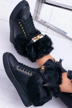 Boto Lu Boo Czarne Botki z Naturalnym Futrem Gisele