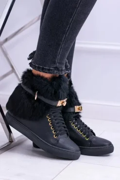 Boto Lu Boo Czarne Botki z Naturalnym Futrem Gisele