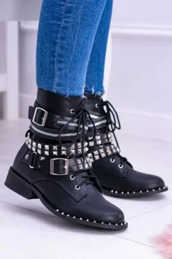 Discount Boto Lu Boo Czarne Botki z Ćwiekami Zamek Klamry