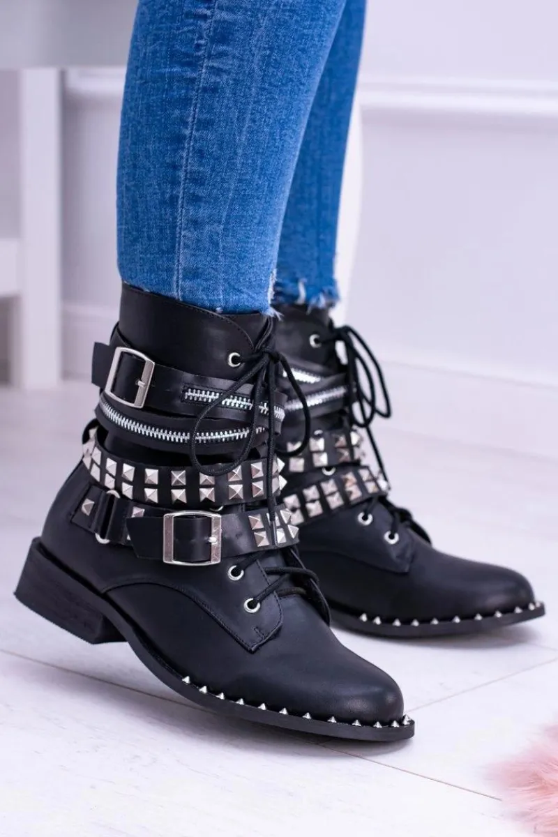 Discount Boto Lu Boo Czarne Botki z Ćwiekami Zamek Klamry