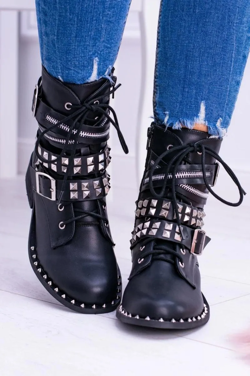 Discount Boto Lu Boo Czarne Botki z Ćwiekami Zamek Klamry