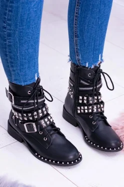 Discount Boto Lu Boo Czarne Botki z Ćwiekami Zamek Klamry