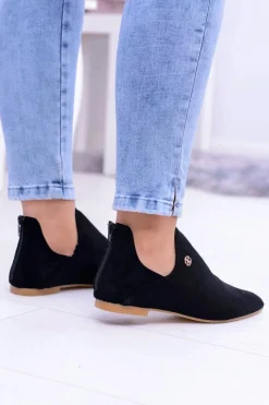 Lu Boo Czarne Botki Z Wycięciami Zamek Chelsea Damskie Botki Płaskie|Czarne Botki