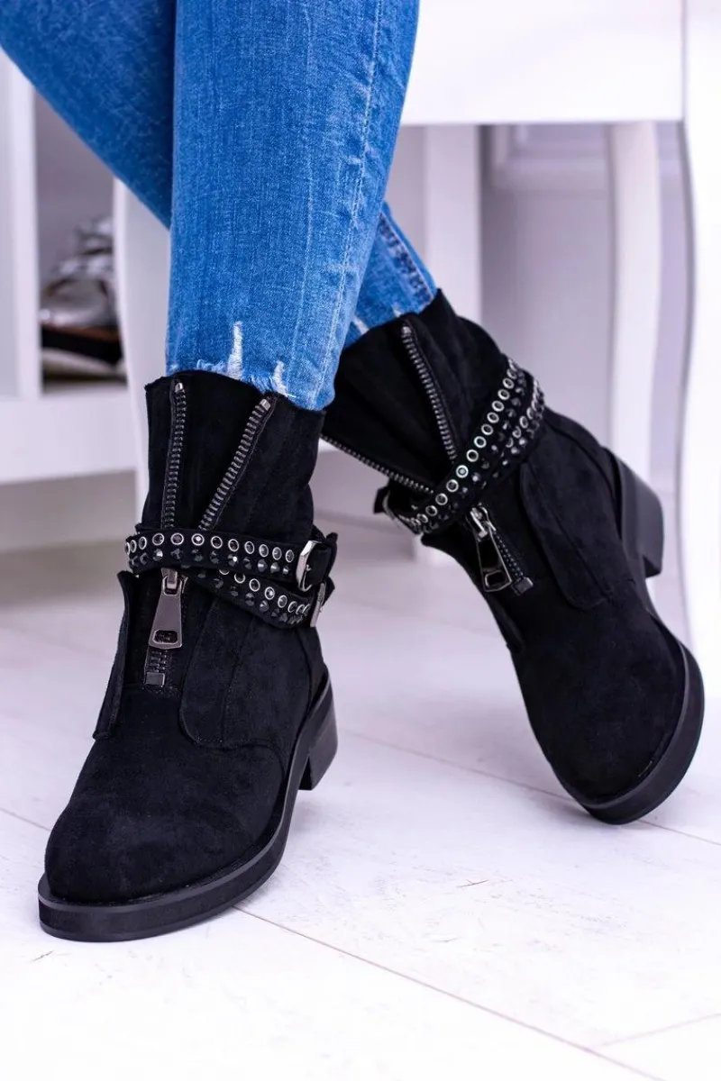 Online Lu Boo Czarne Damskie Botki Suwak Cekiny Rafell Damskie Botki Płaskie|Czarne Botki