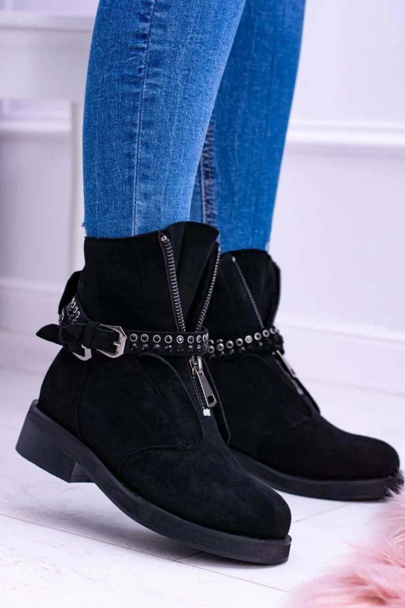 Online Lu Boo Czarne Damskie Botki Suwak Cekiny Rafell Damskie Botki Płaskie|Czarne Botki