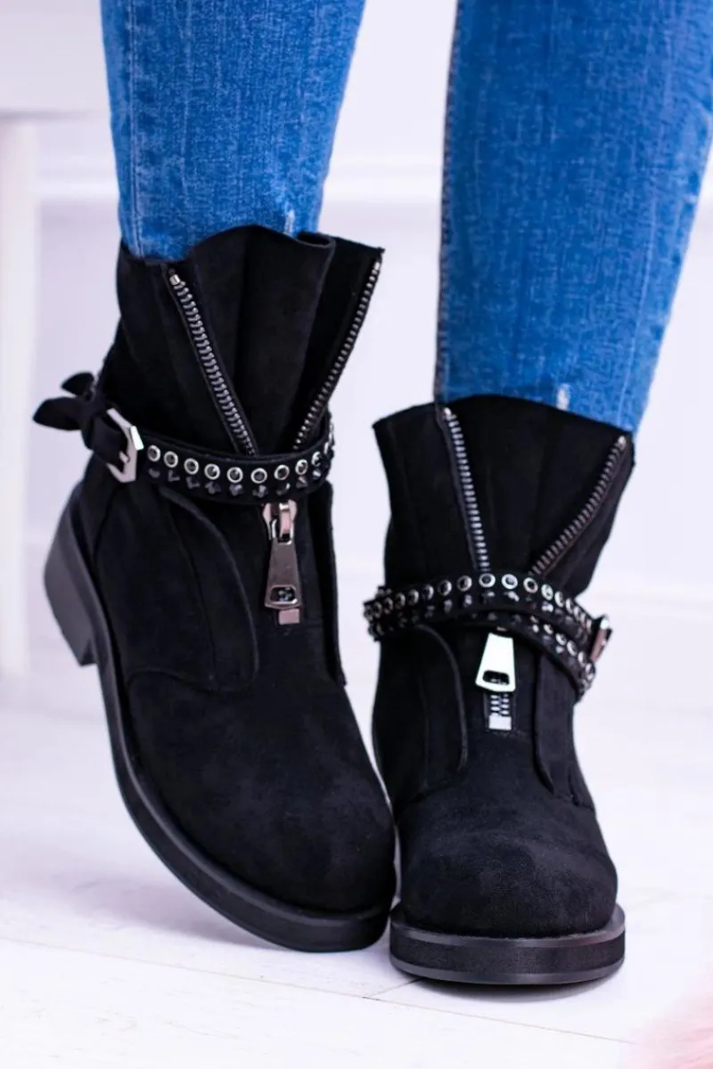 Online Lu Boo Czarne Damskie Botki Suwak Cekiny Rafell Damskie Botki Płaskie|Czarne Botki