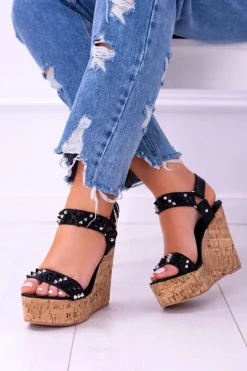 Sandały Na Koturnie>Boto Lu Boo Czarne Damskie Sandały Na Koturnie Ćwieki Valeria