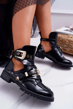 Botki Płaskie|Czarne Botki>Boto Lu Boo Czarne Lakierowane Botki Z Wycięciami Rock Girl