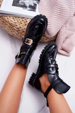 Botki Płaskie|Czarne Botki>Boto Lu Boo Czarne Lakierowane Botki Z Wycięciami Rock Girl