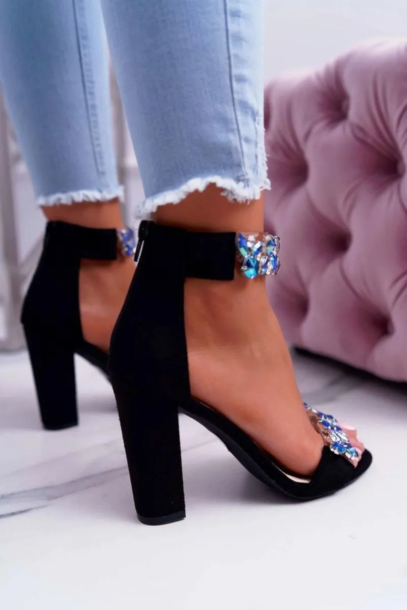 Sale Boto Lu Boo Czarne Sandały Cyrkonie Zamsz Lambada