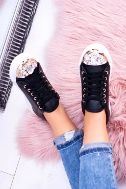 Discount Lu Boo Czarne Trampki z Błyszczącymi Kryształami Damskie Trampki Damskie Niskie