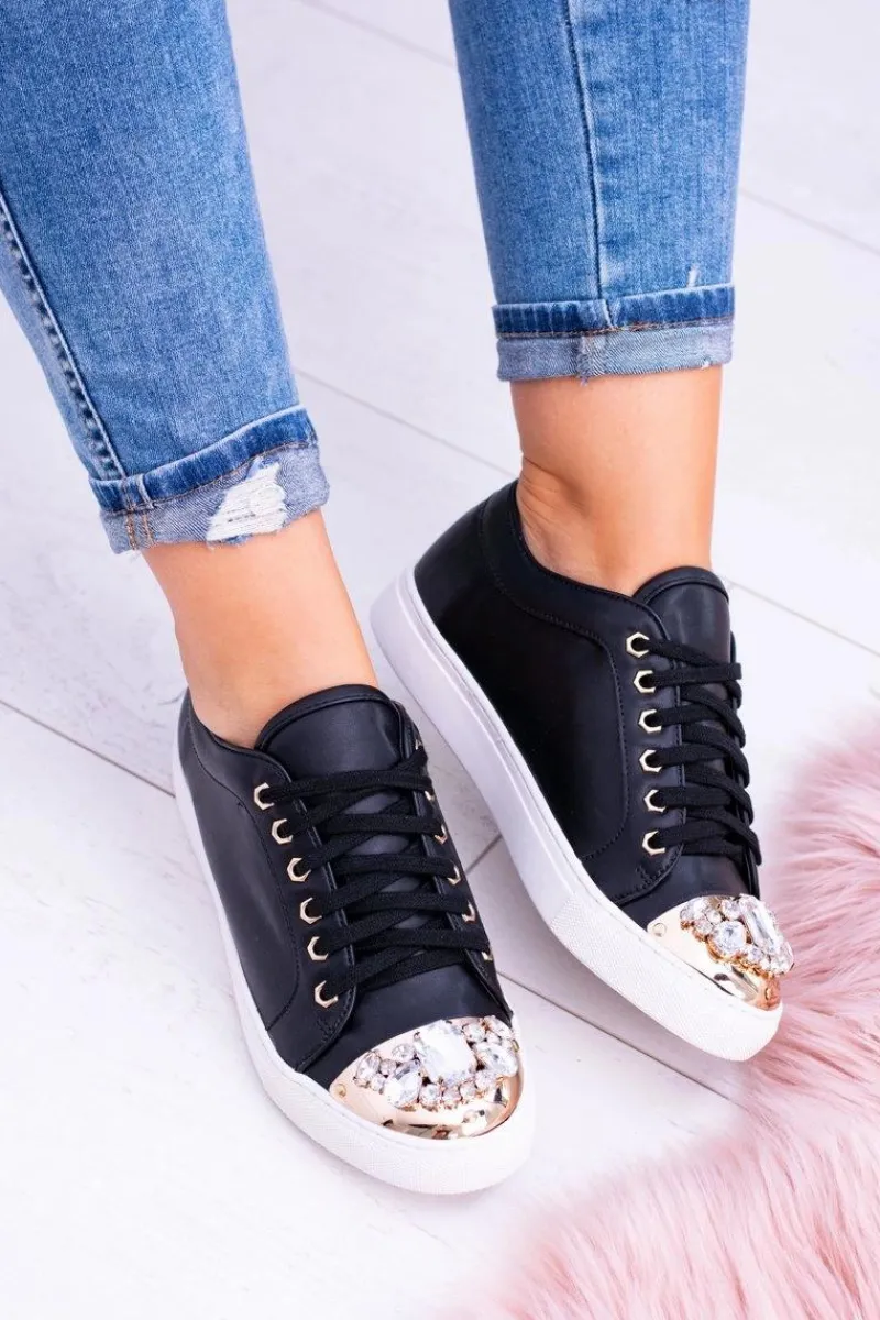Discount Lu Boo Czarne Trampki z Błyszczącymi Kryształami Damskie Trampki Damskie Niskie