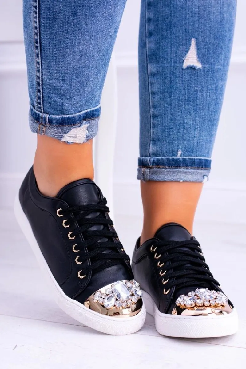 Discount Lu Boo Czarne Trampki z Błyszczącymi Kryształami Damskie Trampki Damskie Niskie