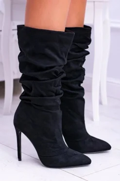 Czarne Botki>Boto Lu Boo Czarne Wysokie Zamszowe Botki na Szpilce Bellisario