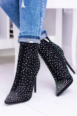 Outlet Lu Boo Czarne Wysokie Zamszowe Botki na Szpilce Cyrkonie Cubano Damskie Brązowe I Beżowe Botki|Czarne Botki