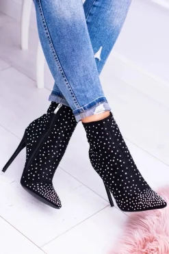 Outlet Lu Boo Czarne Wysokie Zamszowe Botki na Szpilce Cyrkonie Cubano Damskie Brązowe I Beżowe Botki|Czarne Botki