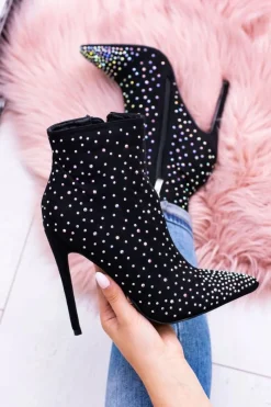 Outlet Lu Boo Czarne Wysokie Zamszowe Botki na Szpilce Cyrkonie Cubano Damskie Brązowe I Beżowe Botki|Czarne Botki