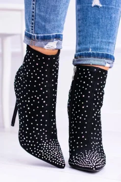 Outlet Lu Boo Czarne Wysokie Zamszowe Botki na Szpilce Cyrkonie Cubano Damskie Brązowe I Beżowe Botki|Czarne Botki