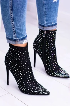 Outlet Lu Boo Czarne Wysokie Zamszowe Botki na Szpilce Cyrkonie Cubano Damskie Brązowe I Beżowe Botki|Czarne Botki