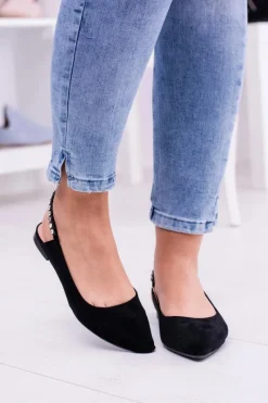 Online Boto Lu Boo Czarne Zamszowe Balerinki w Szpic Cyrkonie Macron