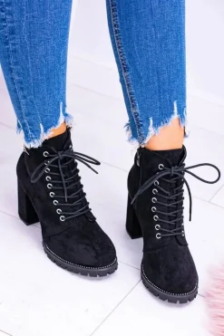 Discount Boto Lu Boo Czarne Zamszowe Botki na Słupku Cyrkonie Halsey