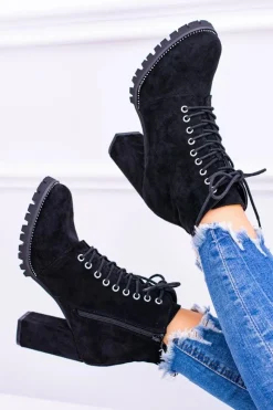 Discount Boto Lu Boo Czarne Zamszowe Botki na Słupku Cyrkonie Halsey