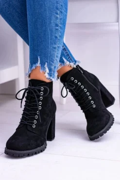 Discount Boto Lu Boo Czarne Zamszowe Botki na Słupku Cyrkonie Halsey