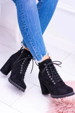 Discount Boto Lu Boo Czarne Zamszowe Botki na Słupku Cyrkonie Halsey