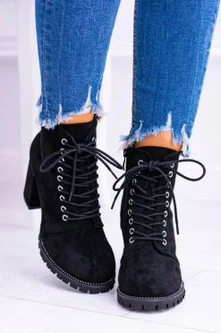 Discount Boto Lu Boo Czarne Zamszowe Botki na Słupku Cyrkonie Halsey