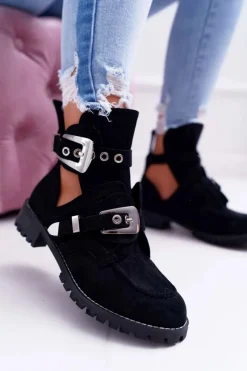 Botki Płaskie|Czarne Botki>Boto Lu Boo Czarne Zamszowe Botki Z Wycięciami Rock Girl