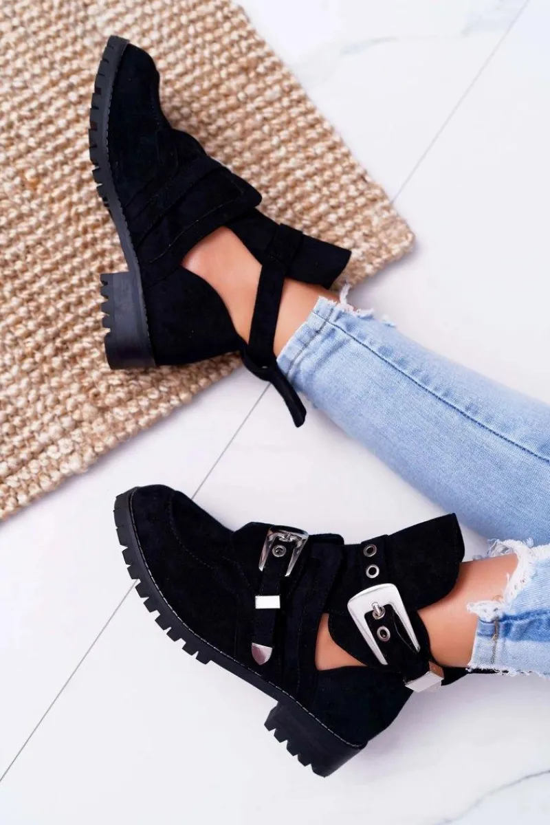 Botki Płaskie|Czarne Botki>Boto Lu Boo Czarne Zamszowe Botki Z Wycięciami Rock Girl