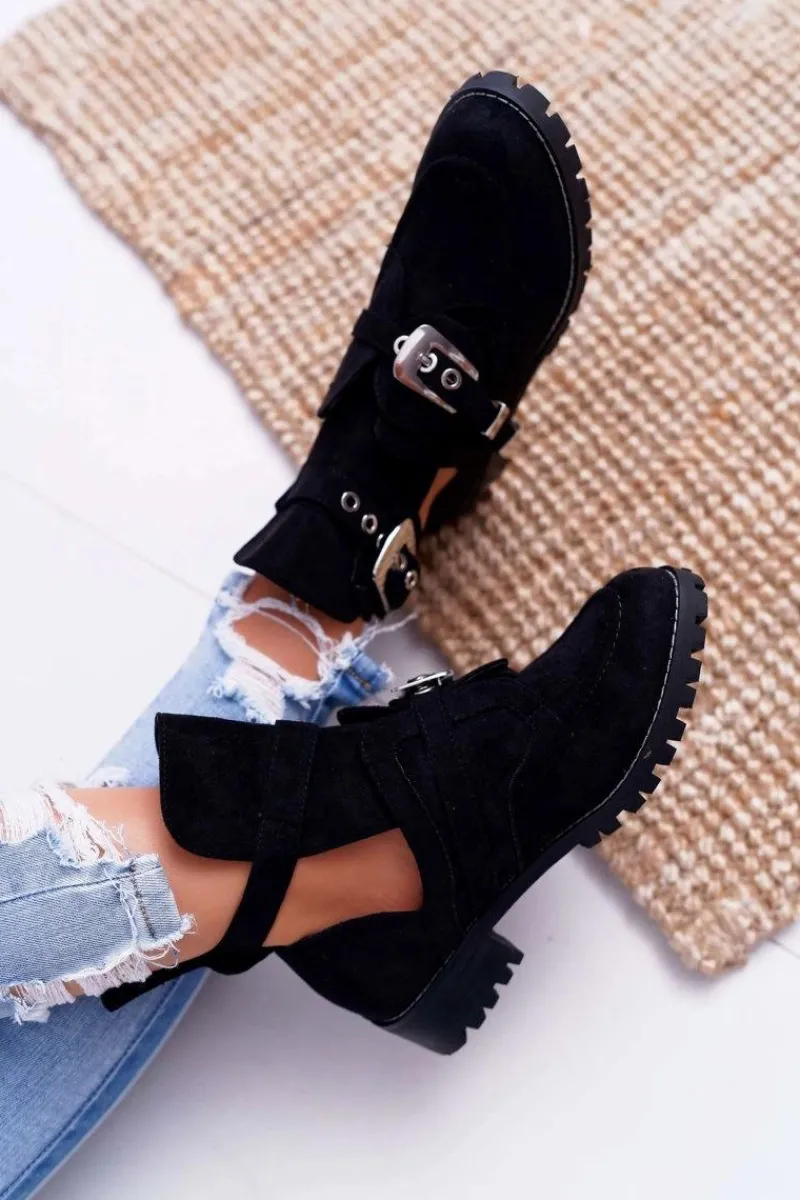 Botki Płaskie|Czarne Botki>Boto Lu Boo Czarne Zamszowe Botki Z Wycięciami Rock Girl