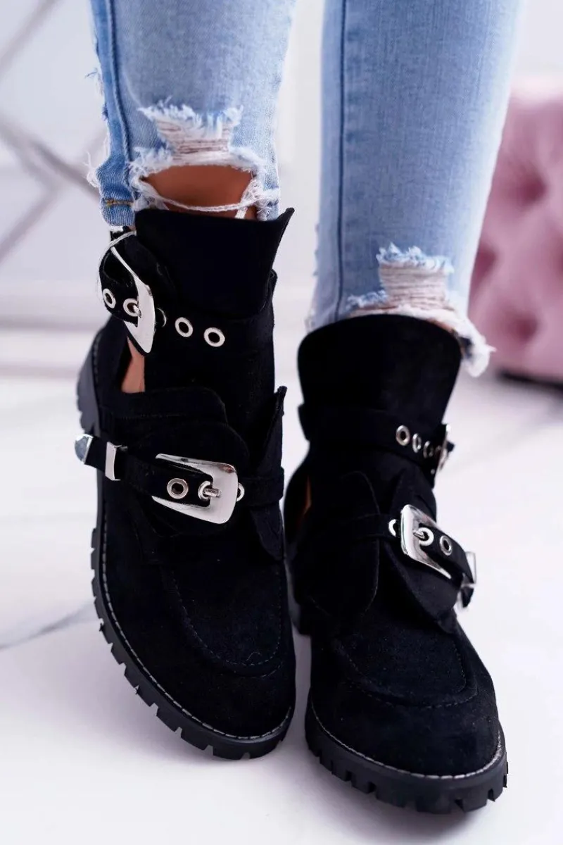 Botki Płaskie|Czarne Botki>Boto Lu Boo Czarne Zamszowe Botki Z Wycięciami Rock Girl