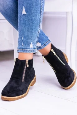 Outlet Lu Boo Czarne Zamszowe Damskie Botki Z Suwakami Inez Damskie Brązowe I Beżowe Botki|Botki Płaskie