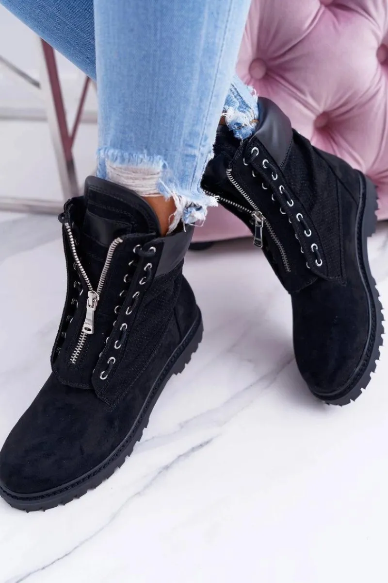 Hot Boto Lu Boo Czarne Zamszowe Damskie Timberki Trapery Suwaki Nancy