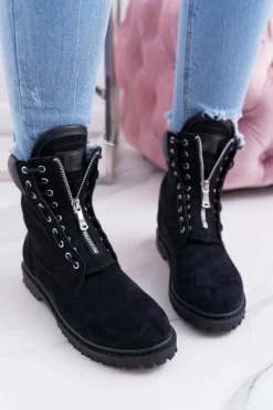 Hot Boto Lu Boo Czarne Zamszowe Damskie Timberki Trapery Suwaki Nancy