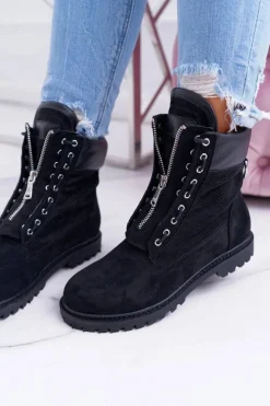 Hot Boto Lu Boo Czarne Zamszowe Damskie Timberki Trapery Suwaki Nancy