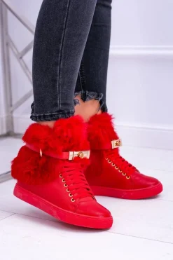 Best Lu Boo Czerwone Botki z Naturalnym Futrem Gisele Damskie Botki Na Koturnie|Botki Sznurowane