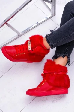 Best Lu Boo Czerwone Botki z Naturalnym Futrem Gisele Damskie Botki Na Koturnie|Botki Sznurowane
