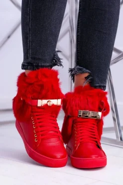 Best Lu Boo Czerwone Botki z Naturalnym Futrem Gisele Damskie Botki Na Koturnie|Botki Sznurowane