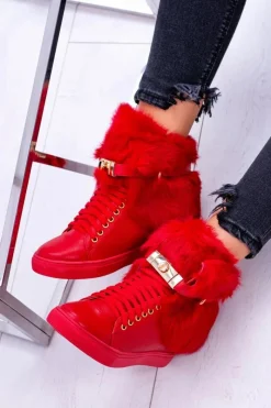 Best Lu Boo Czerwone Botki z Naturalnym Futrem Gisele Damskie Botki Na Koturnie|Botki Sznurowane