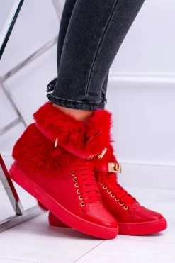 Best Lu Boo Czerwone Botki z Naturalnym Futrem Gisele Damskie Botki Na Koturnie|Botki Sznurowane