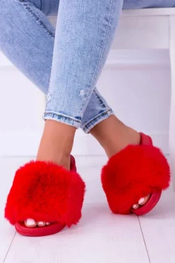 Klapki Z Futerkiem|Klapki Damskie Klasyczne>Boto Lu Boo Czerwone Damskie Klapki Z Futerkiem FUR XXL